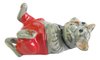 Miniature Ceramic Cat figurine, Grey Tabby Lying in Red Pants